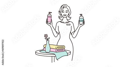 Smiling woman in spa uniform holding two colorful bottles of cosmetic products and essential oils for beauty and wellness treatments