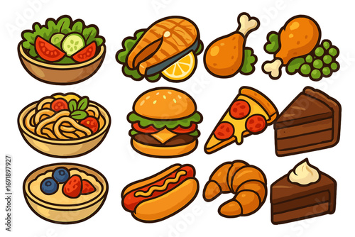 Food icon set cartoon vector illustration. Collection of healthy and junk fast food meals for lunch, dinner, and breakfast. Burger, pizza, salad, salmon, cake, and pasta icons.