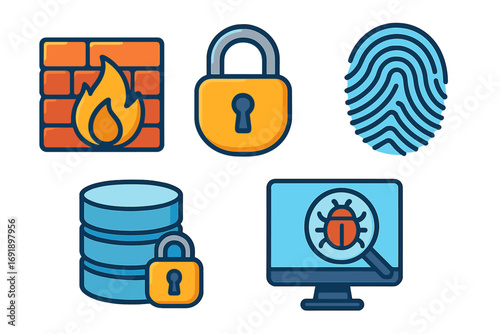 Cyber security icon set with firewall, privacy lock, biometric fingerprint scan, and secure database. Vector concept for network safety, data protection, and virus detection.