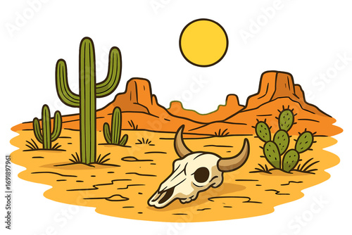 Desert landscape with saguaro cactus and animal skull. Vector cartoon of a dry, arid environment with hot sun. Western scene concept of death, heat and survival in Arizona.