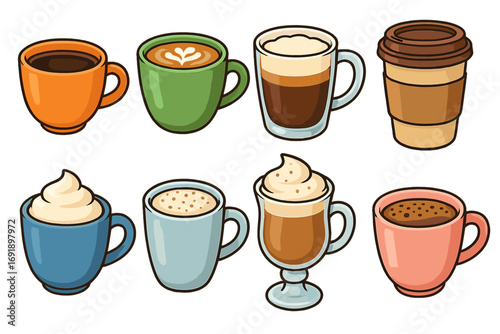 Coffee cup variety set. Vector cartoon illustration of different drinks like latte, cappuccino, espresso, and macchiato. Hot beverage icon collection for cafe menu design.
