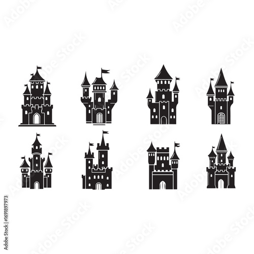 Set of fairytale castles, elegant towers with flags, architecture illustration in flat design, simple castle buildings for logo