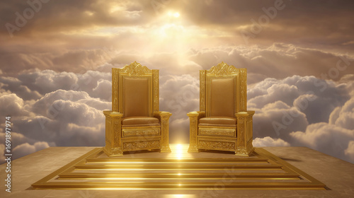 Heavenly divine council in a radiant celestial chamber with golden thrones and ethereal light illustrated in an exquisite photo with superior clarity gentle highlights and
