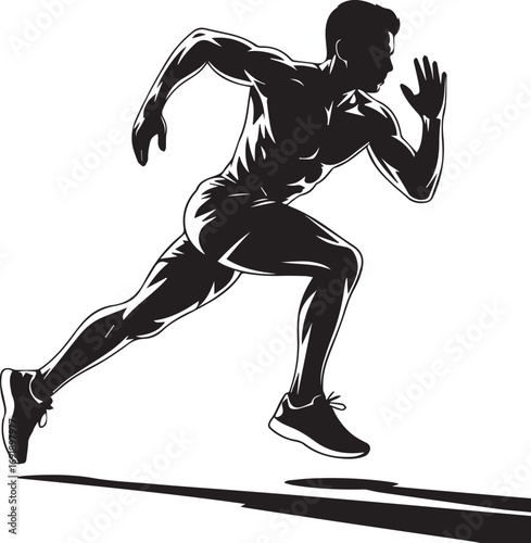 Dynamic silhouette of muscular male athlete running sprinting fitness motivation power speed action