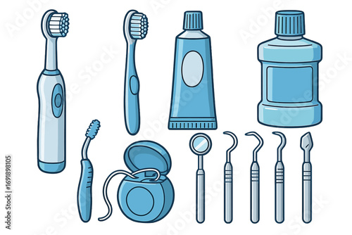 Dental care tools set for oral hygiene. Vector cartoon illustration. Toothbrush, toothpaste, dental floss, mouthwash, and dentist instruments for clinic. Stomatology concept.
