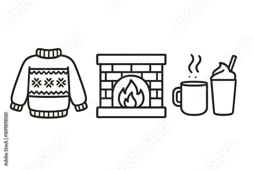 Cozy winter icons set with ugly sweater, fireplace, and warm drinks. Vector line art illustration. Hygge lifestyle concept with hot coffee, cocoa, and home comfort elements.