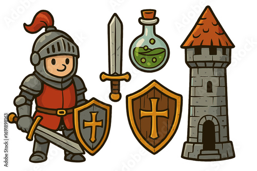 Medieval fantasy character and elements set. Cartoon knight in armor with sword and shield. Castle tower, magic potion, and RPG game assets. Vector icon collection.