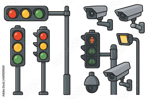 Vector set of traffic lights and surveillance cameras. Urban safety and road control systems. Stoplight, CCTV, pedestrian and bicycle signals. Cartoon illustration icons.