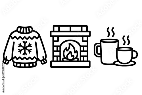 Cozy winter icons set. Simple line art vector illustration. Ugly Christmas sweater with snowflake, warm fireplace, hot drink, coffee or tea mug. Hygge concept symbol.