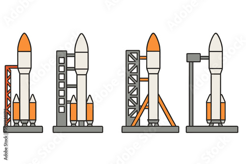 Rocket launch pad icon set. Various designs of spacecraft with structural tower elements. Aerospace engineering and space exploration concept. Vector cartoon for mission start.