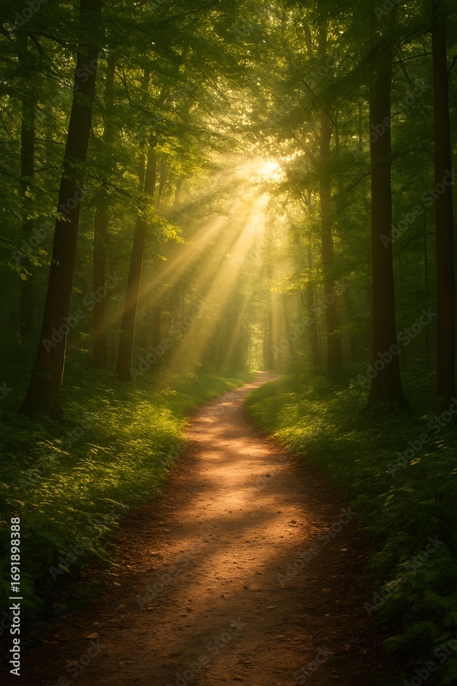 Fototapeta premium forest path with golden sunlight shining through trees