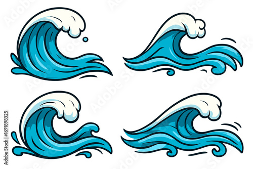 Japanese style ocean wave vector set. Cartoon sea surf illustration collection. Water splash elements for design, depicting nature, stormy tides, and flowing liquid motion.