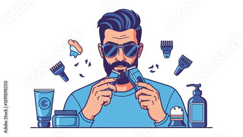Stylish bearded man with sunglasses grooming his facial hair with electric trimmer surrounded by beard care products and tools