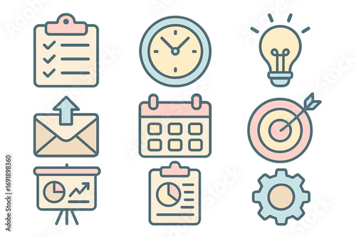 Productivity tools icons set in pastel style, vector cartoon illustration with transparent background, organized collection of business and office symbols, time management and planning graphics