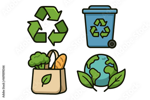 Ecology icon set for recycling and sustainability. Vector illustrations of waste reduction and environmental protection. Go green concept with reusable bag and planet earth.