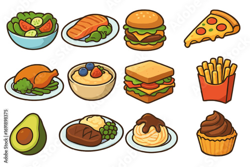 Set of food icons. Healthy meal and junk fast food. Vector cartoon collection with salad, burger, pizza, salmon, chicken, avocado, cupcake. Dinner and lunch clipart.