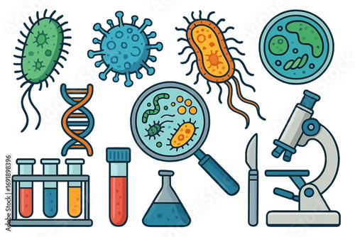 Microbiology research icon set. Germs, virus, bacteria, DNA, and lab equipment. Microscope, test tube, petri dish. Science experiment analysis. Vector biology concept.