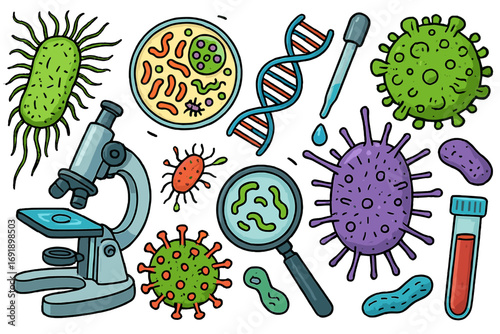 Microbiology research cartoon icon set. Vector collection of laboratory tools like microscope, DNA, virus, bacteria, petri dish for science, biology, and medical analysis.