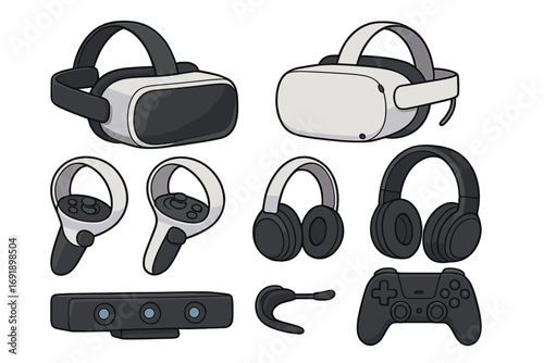 Virtual reality gaming device set with headset, controllers, gamepad, sensor bar and headphones. Collection of modern gamer equipment for video games. Cartoon vector icons.