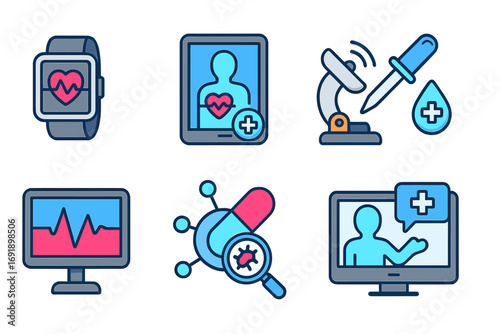 Medical technology icon set for digital healthcare. Vector symbols for telemedicine, online doctor, e-health, vital signs monitoring, research, and pharmaceutical diagnostics.