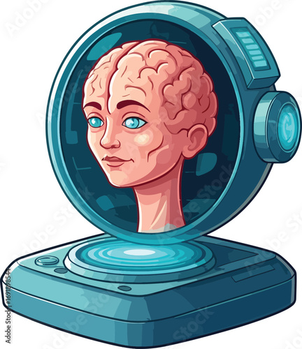 Futuristic illustration of artificial intelligence, showcasing a human brain with a conscious face preserved inside a sophisticated technological containment unit on a white background