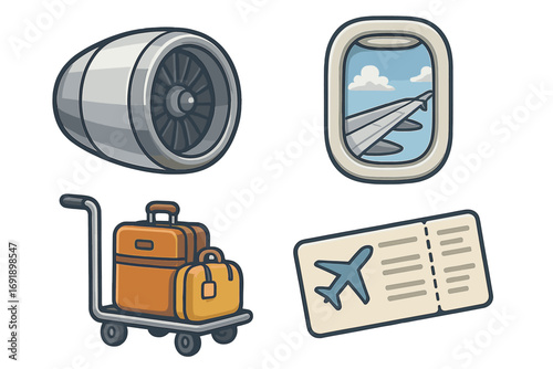 Vector cartoon icon set for air travel and aviation. Includes airplane engine, window view, luggage cart, and boarding pass. Flight, vacation, and airport symbols.