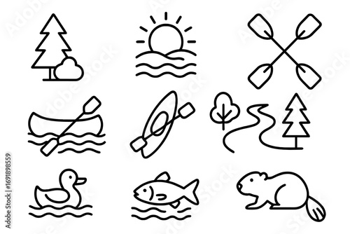 Riverside adventure nature outline icons set with canoeing, kayaking, wildlife, trees, river, sun, duck, fish, beaver, and peaceful outdoor landscape elements in vector cartoon style
