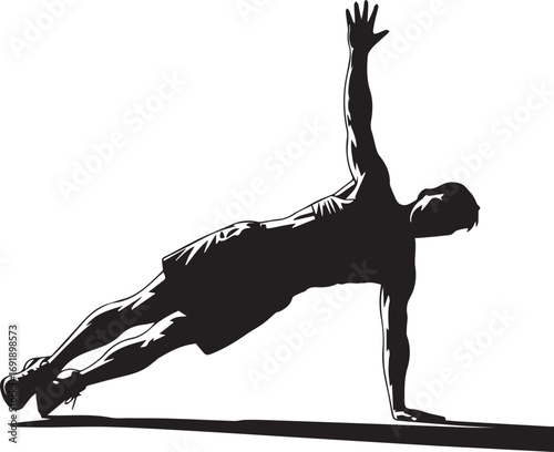 Muscular fitness athlete silhouette performing a challenging side plank exercise on a clean surface