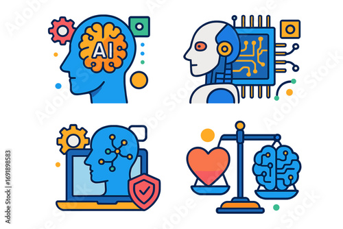 AI icon set. Artificial intelligence, machine learning, robot head, and ethics concepts. Technology, data security, and cyborg brain illustrations. Vector cartoon icons.