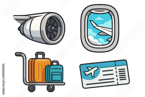 Air travel icon set. Vector cartoon illustration collection with airplane engine, window view, luggage cart, and boarding pass. Flight, airport, vacation, and tourism concept.