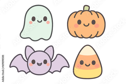 Cute Halloween icon set with kawaii ghost, pumpkin, bat, candy corn characters. Vector cartoon illustration collection in pastel colors for holiday design, stickers or autumn fun.