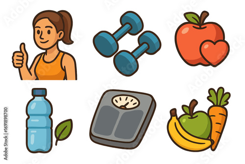 Healthy lifestyle icon set. Vector cartoon concepts of wellness, fitness, nutrition, and diet. Includes woman, dumbbell, scale, water bottle, fruit, and vegetables for exercise.