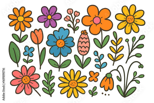 Wallpaper Mural Groovy retro flowers collection. Hand-drawn doodle floral elements set. Cute 70s cartoon botanical illustration. Vibrant hippie spring summer design vector pack. Nature. Torontodigital.ca