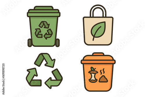Recycling and composting icon set. Sustainable practices for an eco-friendly lifestyle. Waste sorting and zero waste concept. Reusable bag, bin, organic compost vector.