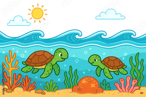 Two cute cartoon sea turtles swimming underwater in the ocean. Marine life scene with coral reef, seaweed, and waves on a sunny summer day. Kids vector illustration.