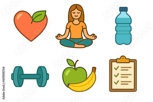 Set of healthy lifestyle icons. Wellness, fitness, and nutrition habits. Vector symbols for yoga, sport, diet, hydration, and health plan. Cartoon illustration collection.