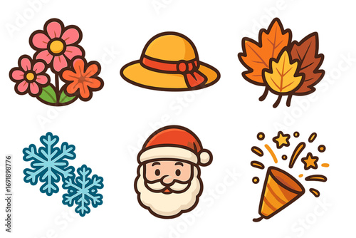 Seasonal activities icons with spring flowers, summer sunhat, autumn leaves, winter snowflakes, Santa Claus holiday, and New Year celebration popper, vector cartoon illustration