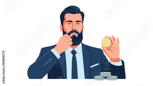 Stylish man with beard applying balm to groom his facial hair while holding a small container of product