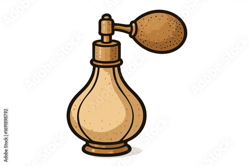 Vintage perfume bottle with atomizer vector. Retro fragrance spray icon. Antique cosmetic container. Luxury scent flacon symbol for elegance, nostalgia, and beauty.