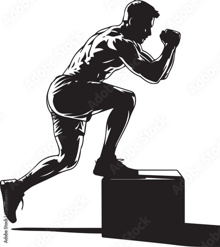 Athletic silhouette of a fit man performing a dynamic box jump exercise for strength training