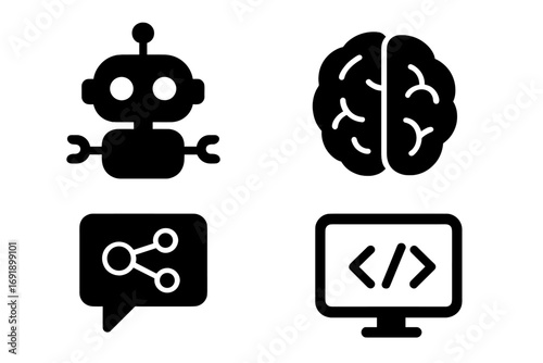 Silhouette icons of AI technology including robot, brain, chat, and coding symbols, vector cartoon illustration set with transparent background, futuristic digital concepts, smart innovation