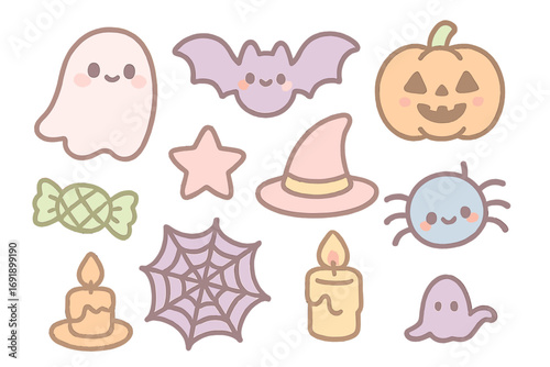 Cute Halloween icons set in pastel doodle style. Kawaii vector cartoon illustration collection with ghost, bat, pumpkin, spider, and witch hat. Spooky season sticker pack.