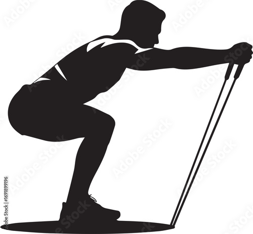 Silhouette of fitness athlete performing resistance band squat for strength training and exercise