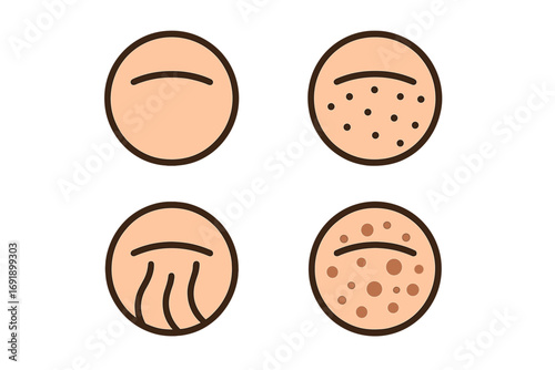 Skin type icons set with texture variations, flat design vector illustration, cartoon style skin conditions, acne, wrinkles, pores, roughness, transparent background, medical and skincare concept