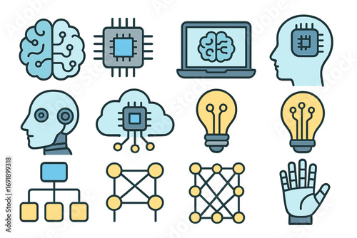 Set of artificial intelligence line icons. Machine learning, robotics, neural network, deep learning. Vector symbols of brain, CPU, robot, cloud computing, innovation.