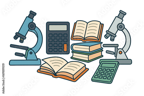 Science education research vector concept. School university supply set. Microscope for biology, calculator for math, books for study. Flat cartoon illustration learning knowledge.