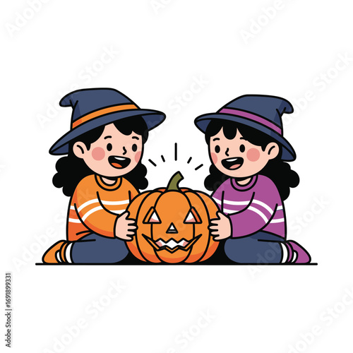 Two young girls wearing witch hats, smiling, and holding a carved pumpkin with a glowing light.
