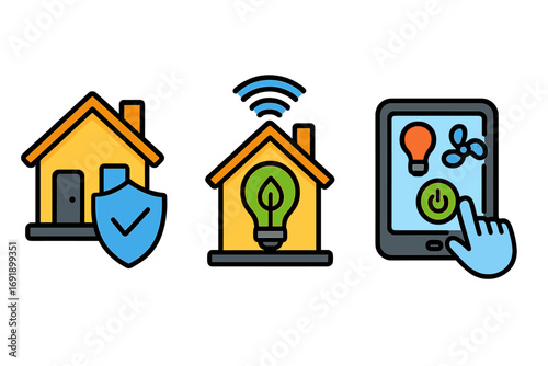 Smart home icon set. Vector cartoon illustration of home security, energy management and modern convenience. Automation technology for smart living. Remote control concept.