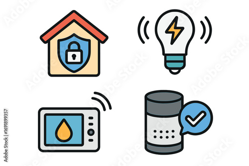 Smart home technology icon set for automation system. Home security, energy management, voice assistant control, and convenience concepts. Vector cartoon illustration collection.