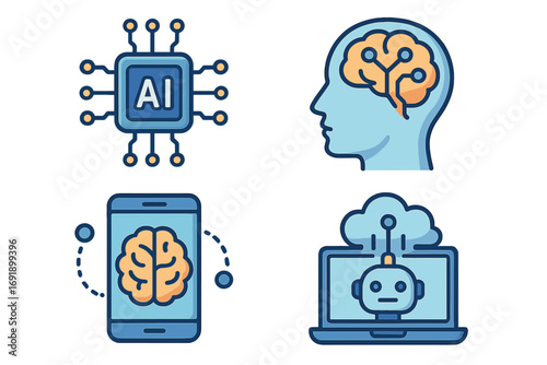 Artificial intelligence icon set. AI technology concepts for modern applications. Vector icons of machine learning brain, processor chip, mobile app, cloud robot chatbot.